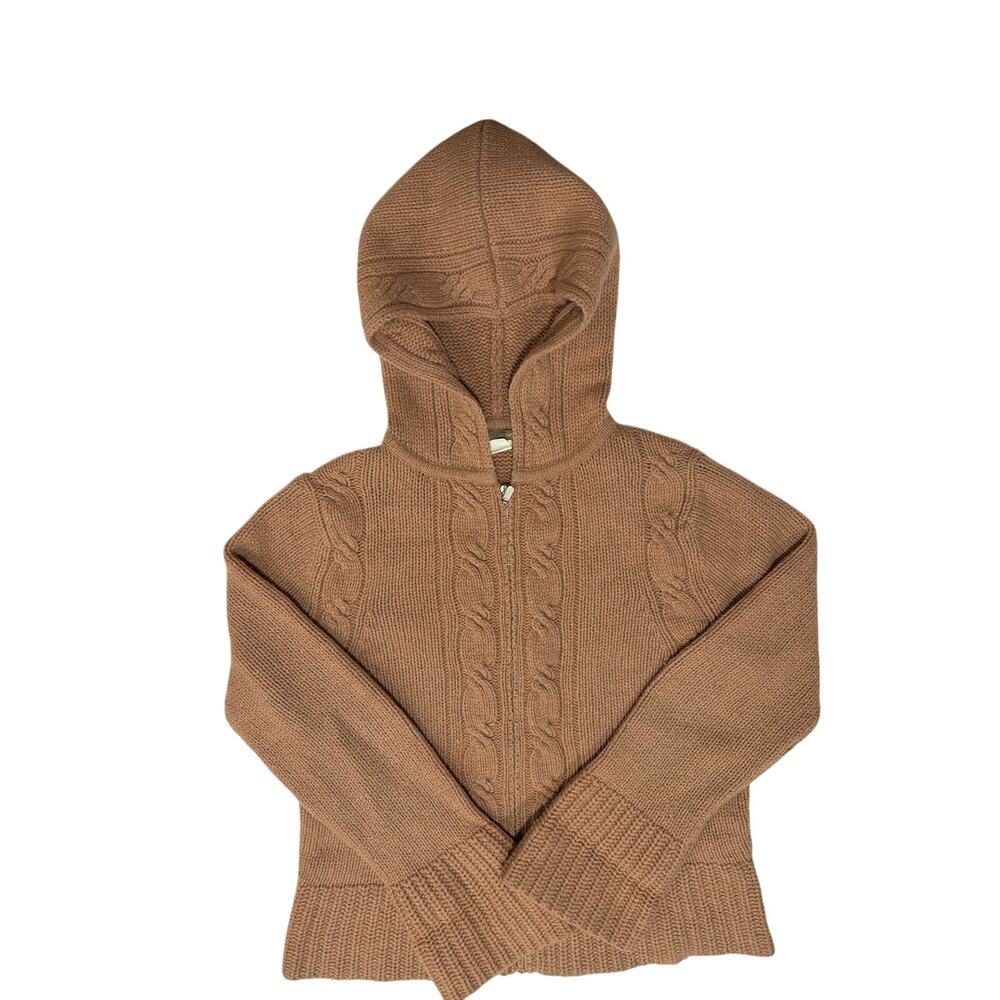 Vintage J. Crew Brown M 100% Wool Cable Knit Hoodie Sweater Full Zip Cardigan